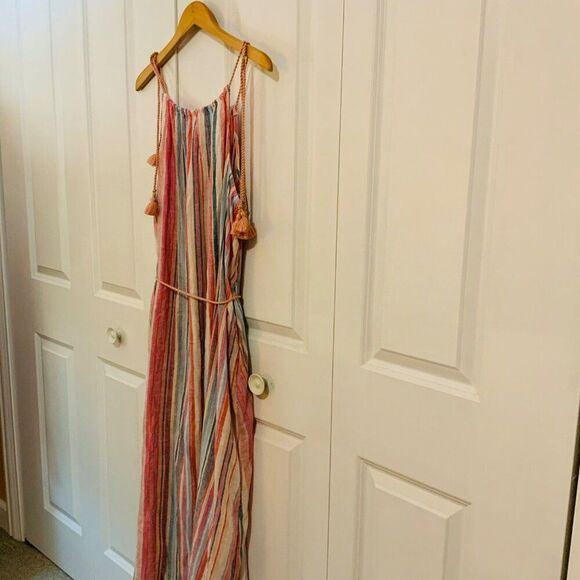 Time and Tru Women's Coral Stripe Tie Shoulder Linen Blend Maxi Dress XL New - Picture 11 of 13